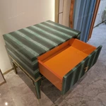 Green Embossed Leather Sofa Side Table with Single Drawer, Orange Interior and Gold-Tone Stainless Steel Trim